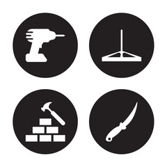 4 vector icon set : Cordless drill, Brick hammer, Bump cutter, Boning rod isolated on black background