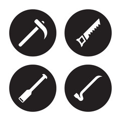 4 vector icon set : Hoe, Digging bar, Hand saw, Crowbar isolated on black background