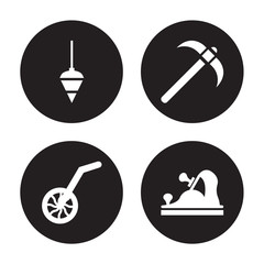 4 vector icon set : Plumb bob, Measuring wheel, Pick axe, Jack plane isolated on black background