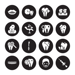 16 vector icon set : Dental Brackets, Baby dental, Bacteria in mouth, Braces, Breath, Anesthesia, Damaged tooth, Caries, Check up isolated on black background