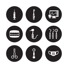 9 vector icon set : Empty syringe, Electric toothbrush, dentist Scissors, Dentist tools, Dentists drill tool, Ekg monitor, Denture, Mirror isolated on black background