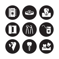 9 vector icon set : Health report, Headlamp, Filler, Floss, Forceps of dentist tools, Gum, Gauze, Fake Tooth isolated on black background