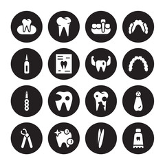 16 vector icon set : Occlusal, Tweezers, White teeth, Wisdom tooth, Apicoectomy, Toothpaste tube, Sealants, Intraoral, Prophylaxis isolated on black background