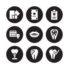 9 vector icon set : Mint gum, Medical record, Implant Fixture, Inner Tooth, Lips, prescription, appointment, Holed Tooth isolated on black background