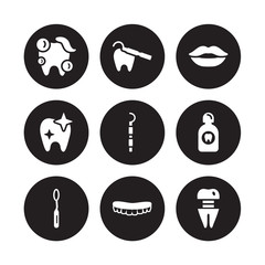 9 vector icon set : Tooth cleaning, Teeth, Mouth Mirror, Wash, Periodontal scaler, Smiling, Shiny Tooth, isolated on black background