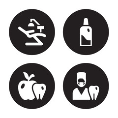 4 vector icon set : Dentist chair, Apple, bottle with liquid, dentist isolated on black background