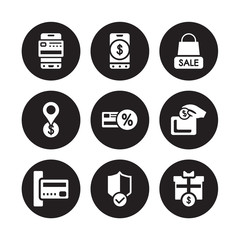 9 vector icon set : Mobile payment, money, Insert card, coin, Loyalty Merchandise, Map pointer, guaranty Shield isolated on black background
