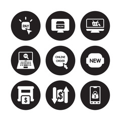 9 vector icon set : Pay per click, Pay, Moneybox, New, Online order, shopping, payment, Money transfer isolated on black background
