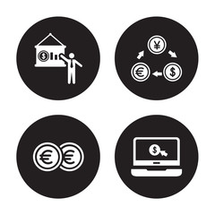 4 vector icon set : Financial presentation, Euro, Exchange rate, Ecommerce isolated on black background