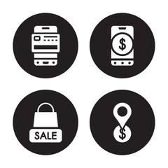 4 vector icon set : Mobile payment, Merchandise, money, Map pointer isolated on black background