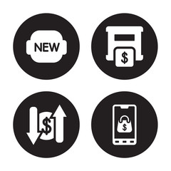 4 vector icon set : New, Money transfer, Moneybox, Mobile shopping isolated on black background