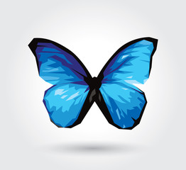 Low polygon blue butterfly isolated on white background, indigo wings insects flying. Logo geometric. Bug polygonal crystal style.