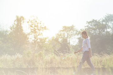 Women walking in rice fields at sunset