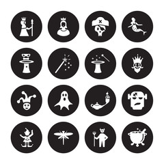 16 vector icon set : Queen, Devil, Dragonfly, Elf, Frankenstein, Cauldron, Magician, Joker, Magic isolated on black background