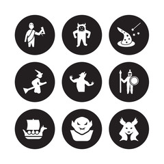 9 vector icon set : Zeus, Yeti, Viking ship, Warrior, Werewolf, Wizard, Witch, Vampire isolated on black background