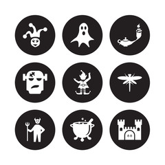9 vector icon set : Joker, Ghost, Devil, Dragonfly, Elf, Genie, Frankenstein, Cauldron isolated on black background
