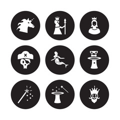 9 vector icon set : Unicorn, Queen, Magic wand, Magician, Mermaid, Princess, Pirate, isolated on black background