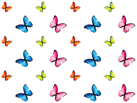 Set of six colorful butterfly isolated on white background, yellow green blue red pink wings insects flying. Pattern logo geometric. Bug polygonal crystal style.