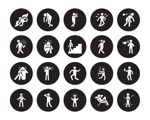 20 vector icon set : excited human, cold comfortable confident confused drunk determined crappy curious down human isolated on black background