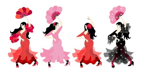 Set FLAMENCO child girl PINK dress hand fan castanets flower FLAMENCA Spanish