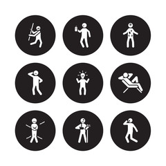 9 vector icon set : cool human, content chill cold comfortable confused confident broken human isolated on black background