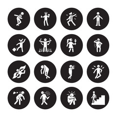 16 vector icon set : funny human, down drained drunk ecstatic disappointed free excited fantastic human isolated on black background