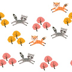 Cute little raccons and foxes jumping in the autumn forest isolated on white snow background in vector. Seamless childish pattern. Print for fabric.