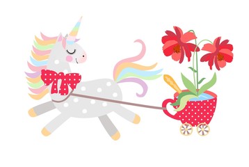 Small horse - unicorn harnessed to cart in the form of red cup on castors with large beautiful flower in it, rides isolated on white background in vector. Print for T-shirt.