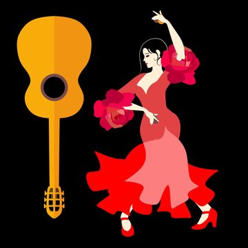 flamenco dancer red dress guitar black background clip art preview