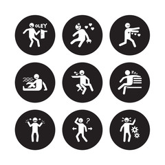 9 vector icon set : lucky human, lovely irritated lazy lonely loved lost inspi human isolated on black background
