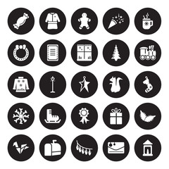 25 vector icon set : Cracker, christmas letter, Christmas Lights, mail box, Origami, train, Squirrel, ribbon isolated on black background.