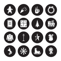 16 vector icon set : Cookie, christmas shoe, Christmas snowflake, sock, Squirrel, ribbon, wishlist isolated on black background