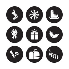 9 vector icon set : christmas sock, Christmas snowflake, Origami, Peppermint, present, shoe, ribbon, mail box isolated on black background