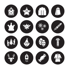 16 vector icon set : Gingerbread house, Cracker, Cuckoo Clock, Deer, Deer Costume, Fun hat, Event, Firework isolated on black background
