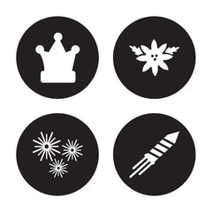 4 vector icon set : Fun hat, Firework, Flowers, Firecracker isolated on black background