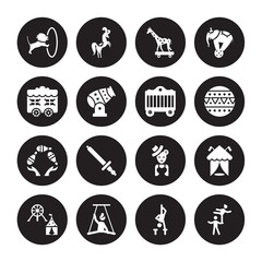 16 vector icon set : Circus Lion, Acrobatics, Aerialist, Amusement park, arena, Acrobat, Car, Bottle throw, Cage isolated on black background
