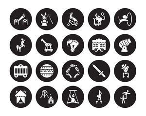 20 vector icon set : Circus Sawing, Acrobatics, Aerialist, Amusement park, arena, Lion, Car, Bottle throw, Cage, Giraffe isolated on black background