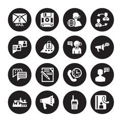 16 vector icon set : Email, Transmitter, Bullhorn, Morse code, Speaking, Contacts, Chatting, Chat bubble, Call center isolated on black background