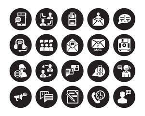 20 vector icon set : Message, Time call, Write, Chat bubble, Announcement, Info, Email, Chatting, Customer service, Feedback, Mailbox isolated on black background