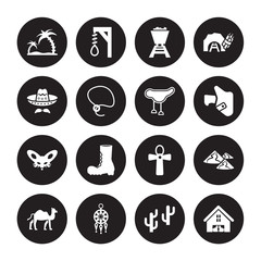16 vector icon set : Oasis, Desert Tree, Dream Catcher, Dromedary, Dunes, saloon, Mexican Hat, Fennec, Horse saddle isolated on black background