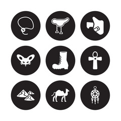 9 vector icon set : Lasso, Horse saddle, Dunes, Egypt, far west Boot, Holster, Fennec, Dromedary isolated on black background
