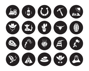 20 vector icon set : Locomotive, Sheriff Hat, Stone, Tepee, Tobacco, Desert, Bull skull, Tumbleweed, Wooden Coffin, Cowboy, Horseshoe isolated on black background