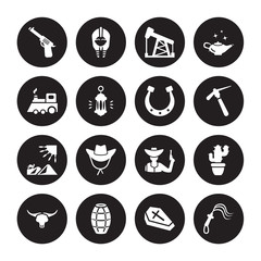 16 vector icon set : Revolver, Wooden Coffin, Barrel, Bull skull, Cactus, Whip, Locomotive, Desert, Horseshoe isolated on black background