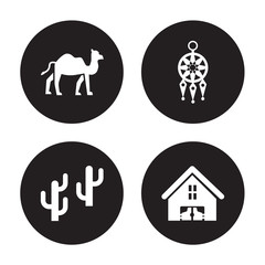 4 vector icon set : Dromedary, Desert Tree, Dream Catcher, saloon isolated on black background