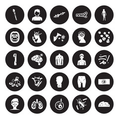 25 vector icon set : Mí©niíÂre's disease, Leishmaniasis, Leprosy, Leptospirosis, Leukemia, Mad cow Lupus erythematosus, Listeriosis, Lung cancer, Measles isolated on black background.
