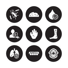 9 vector icon set : Leishmaniasis, Legionellosis, Kidney stone disease, Kuru, Kwashiorkor, Lead poisoning, Laryngitis, Disease (Chronic Disease) isolated on black background