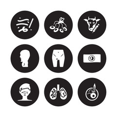 9 vector icon set : Lupus, Lung cancer, Leukemia, Lice, Limbtoosa, Loiasis, Listeriosis, Leptospirosis isolated on black background
