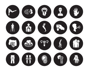 20 vector icon set : Peritonitis, Myoclonus, Myopia, Myxedema, Necrotizing Fasciitis, Paratyphoid fever, Otitis, Non-gonococcal urethritis, Osteoarthritis isolated on black background