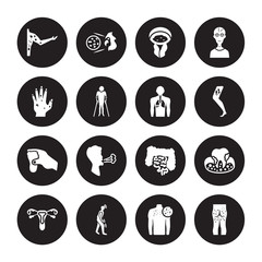 16 vector icon set : Peritonitis, Neoplasm, Night blindness, Non-gonococcal urethritis, Obesity, Necrotizing Fasciitis, Paratyphoid fever, Otitis, Palindromic rheumatism isolated on black background