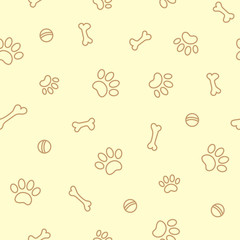 Paw prints animals and bones on a light yellow background seamless pattern wallpaper.